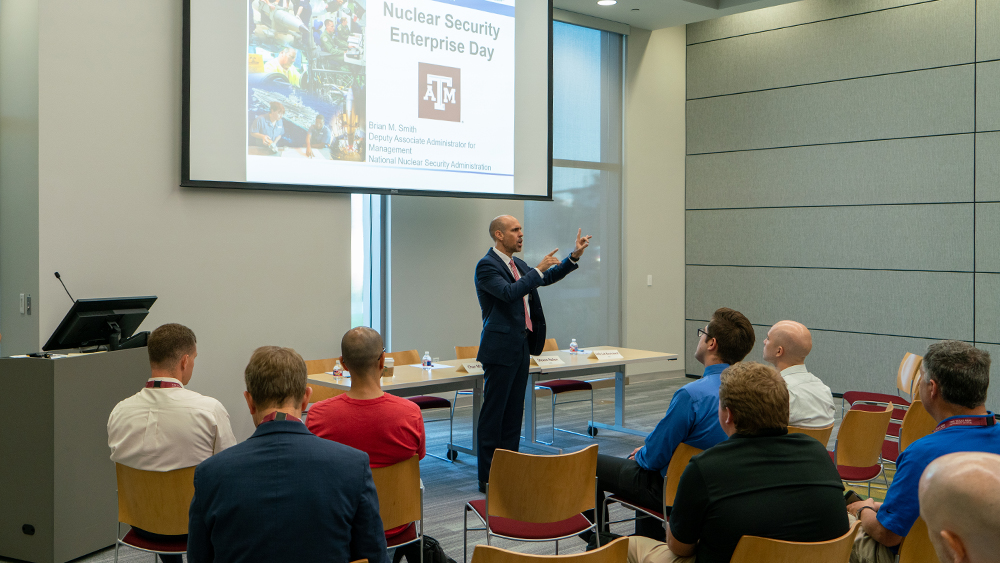 Brian M. Smith delivers the keynote speech at a Nuclear Security Enterprise Day event at the Zachry Engineering Education Complex.